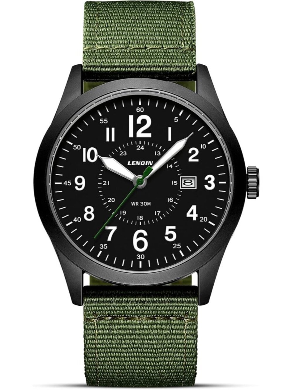LN LENQIN Men's Green Classic Military Analog Quartz Waterproof Nylon Band Watch
